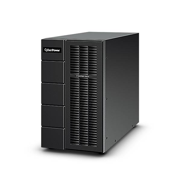 Schwarzer CyberPower Batterie-Backup-Tower mit belüftetem Frontpanel auf einfarbig schwarzem Hintergrund.