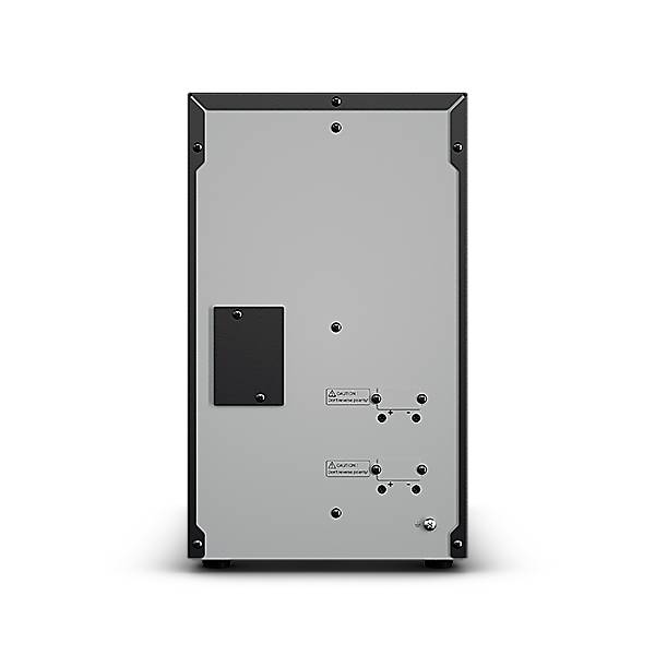Rückansicht eines grauen elektronischen Gerätepanels mit Schrauben, einer schwarzen Abdeckung und zwei kleinen Steckverbinderbereichen in der Nähe der unteren rechten Ecke.