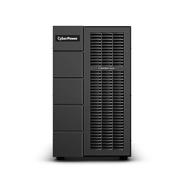 CyberPower-Akku-Packeinheit mit belüftetem vorderen Gitter und vier einfachen Paneelsektionen auf schwarzem Hintergrund.