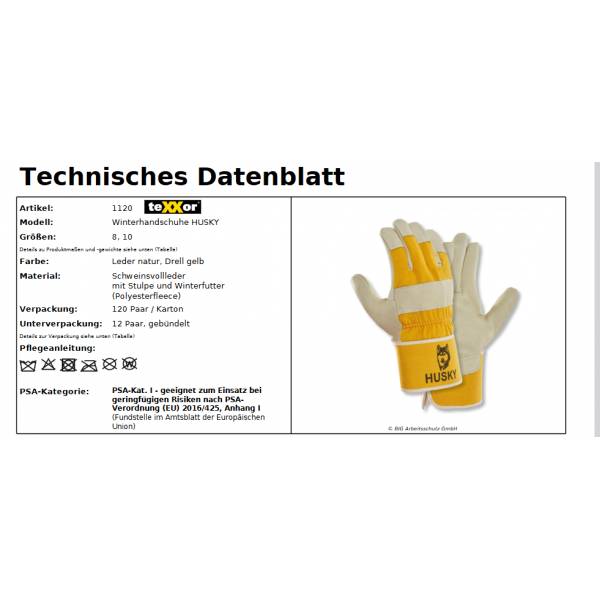1120 texxor Winterhandschuh Husky Schweinsvollleder gelb 120 Paar Gr. 8