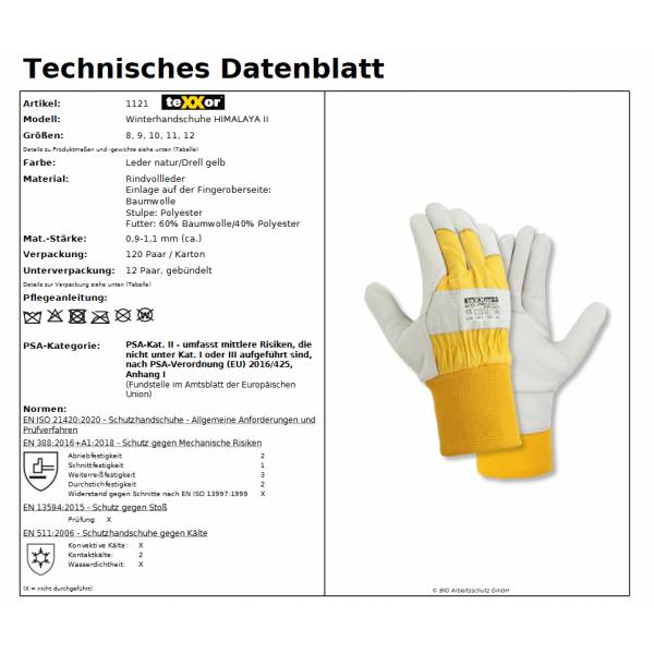 1121 texxor Winterbauhandschuh Rindvollleder Himalaya II Leder 120 Paar Gr. 8