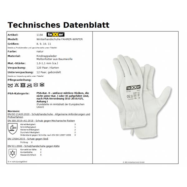 1154 texxor Fahrer Winter Rindnappaleder Winterhandschuh Leder 120 Paar Gr. 8