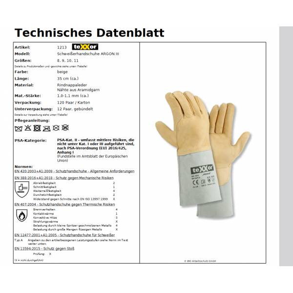1213 texxor Schweißerhandschuh Argon III Rindnappaleder Premium 120 Paar Gr. 11