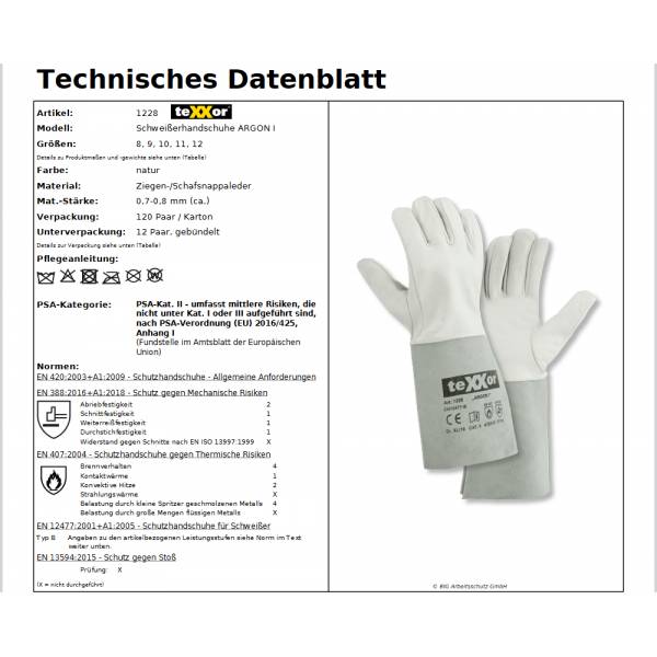 1228 texxor Schweißerhandschuh Argon I Schafsnappaleder 120 Paar Gr. 8