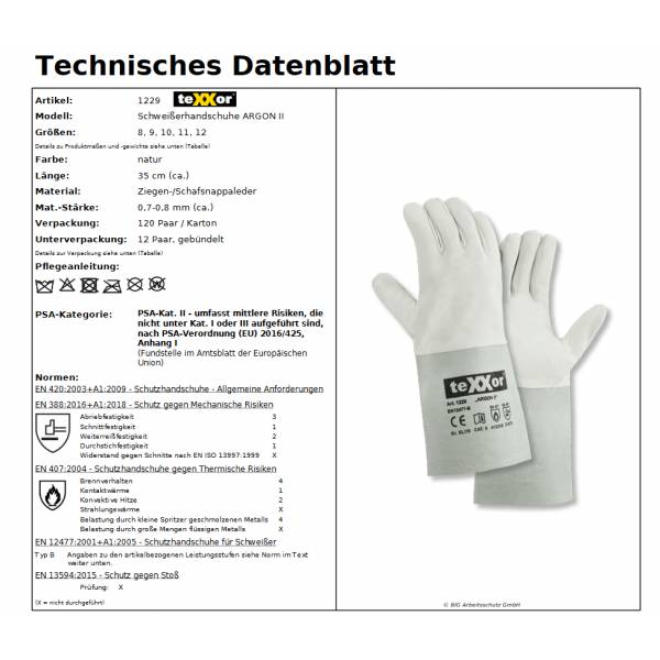 1229 texxor Schweißerhandschuhe Argon II Schafsnappaleder 120 Paar Gr. 8