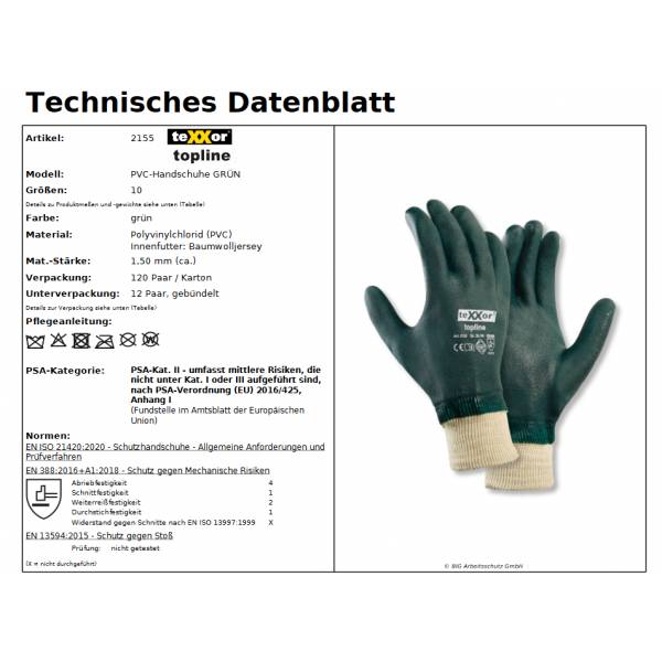 2155 texxor PVC Handschuh mit Strickbund Chemiehandschuh grün 120 Paar Gr. 10