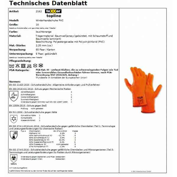 2162 texxor Winterhandschuh Pvc Chemikalienhandschuh leuchtorange 60 Paar Gr. 10