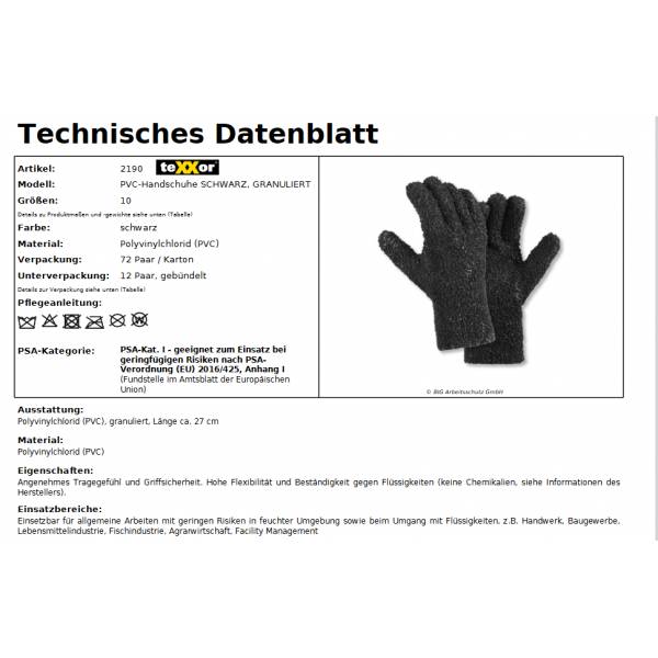 2190 texxor Pvc-Handschuhe Schwarz 27cm Granuliert Kanalarbeiten 72 Paar Gr. 10