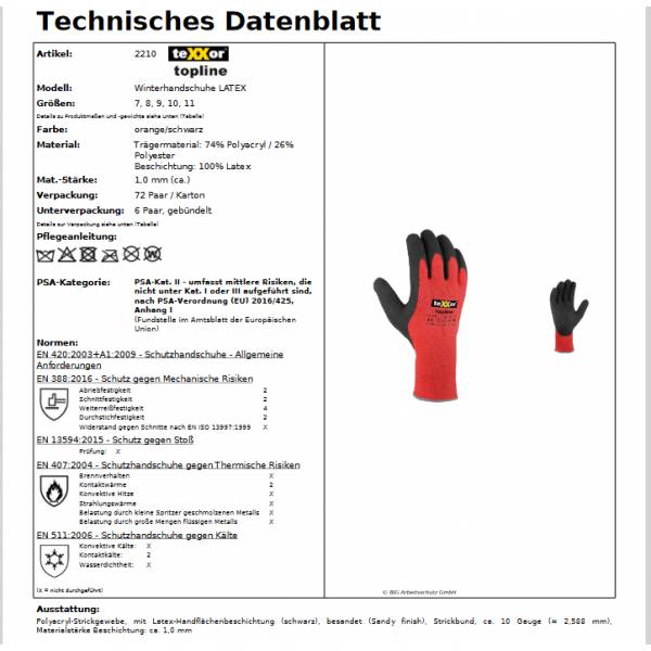 2210 texxor Topline Winterhandschuh Polyacryl Latex beschichtet 12 Paar Gr. 7
