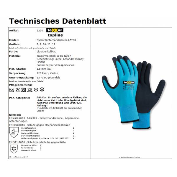2228 texxor Winterhandschuh Kältehandschuh für den Winter Latex 120 Paar Gr. 9