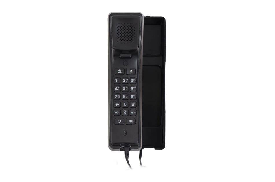 Schwarzes wandmontiertes schnurgebundenes Telefon-Handset auf seiner Basis, mit Tastenfeld und Lautsprecher, vor weißem Hintergrund dargestellt.