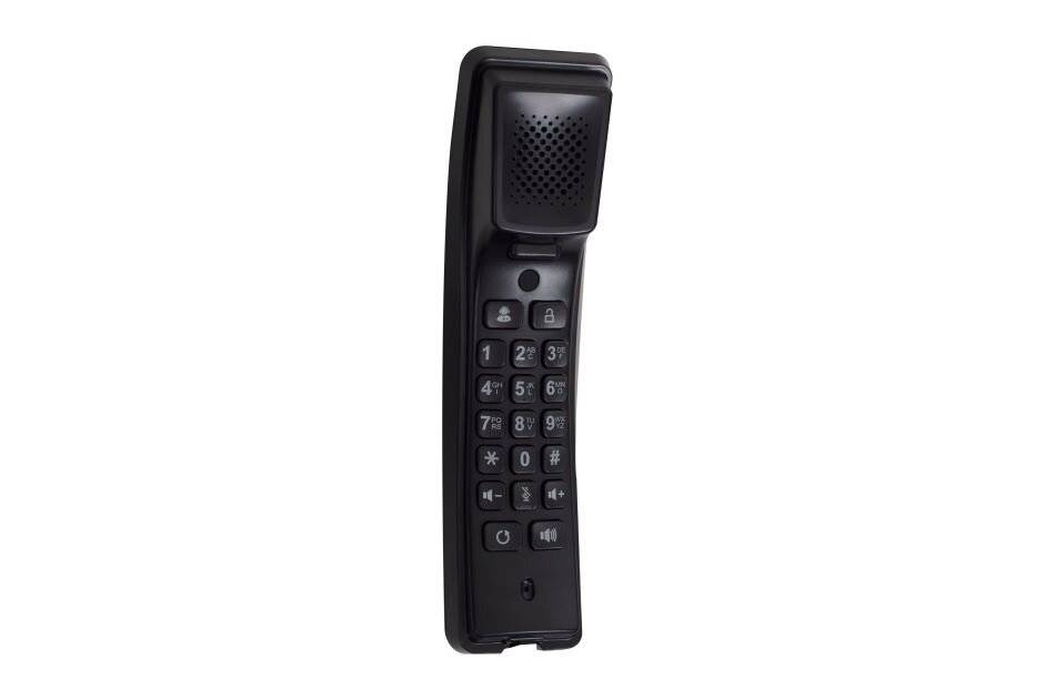 Schwarzes, wandmontiertes Gegensprechanlage-Handgerät mit Lautsprechergitter und Tastatur auf weißem Hintergrund.