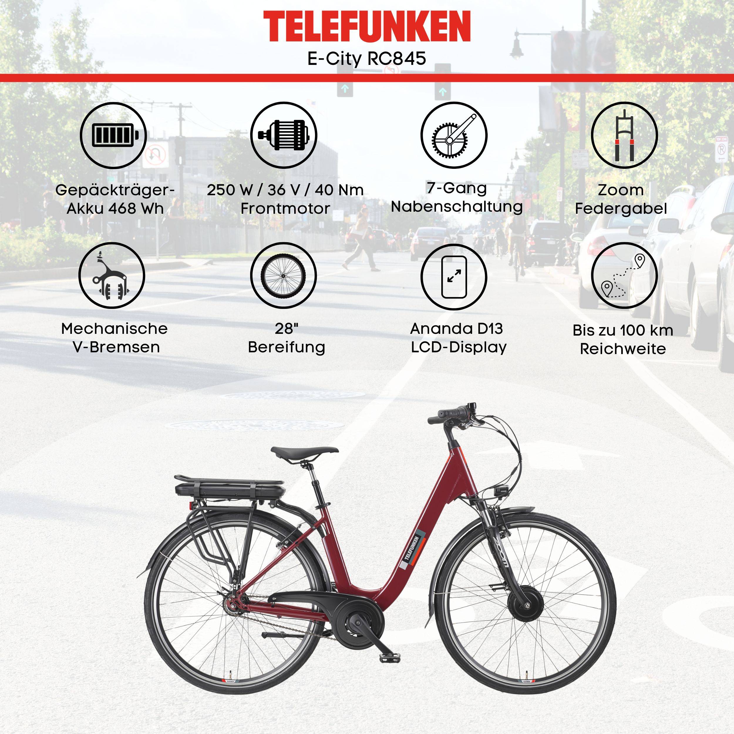 Telefunken City E-Bike | Elektrofahrrad 28 Zoll | 7-Gang Nabenschaltung | Frontmotor 250 W | 468 Wh Akku | EBike Pedelec