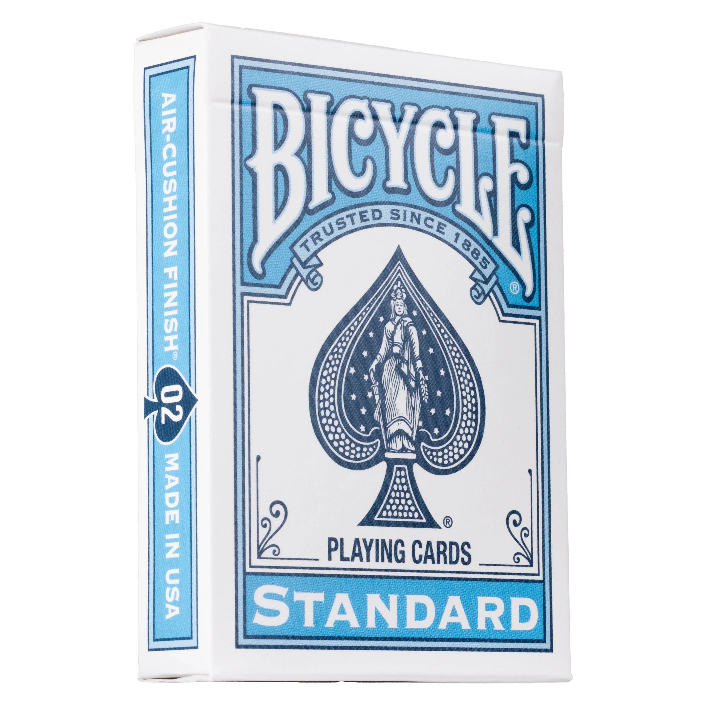 Eine Schachtel Bicycle Standard Spielkarten, weiße und blaue Verpackung mit 'AIR-CUSHION FINISH' auf der Seite.