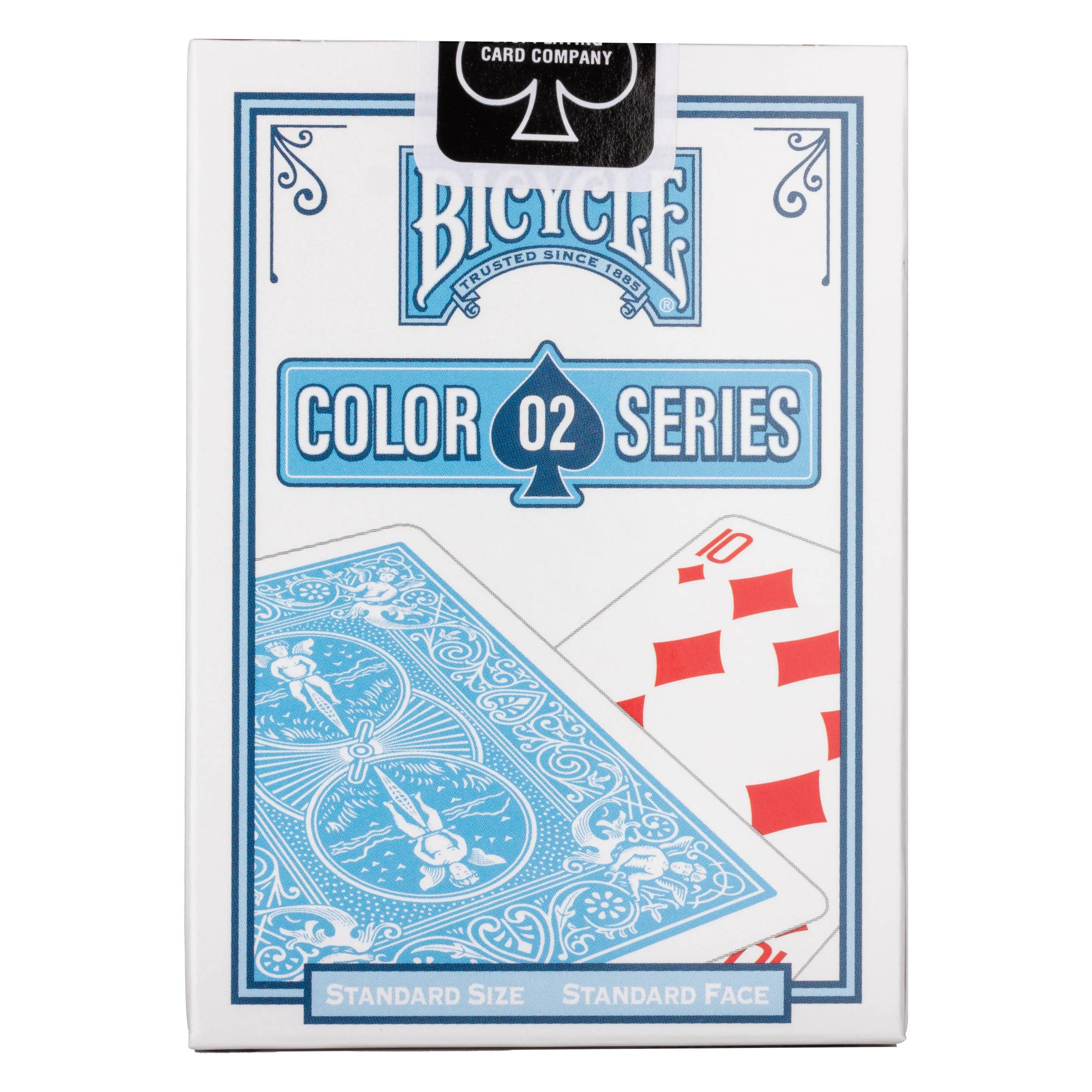 Bicycle Color 02 Serie Spielkartenschachtel mit blauem Kartenrückseiten-Design und rot-weißen Bildkarten auf der Vorderseite dargestellt.