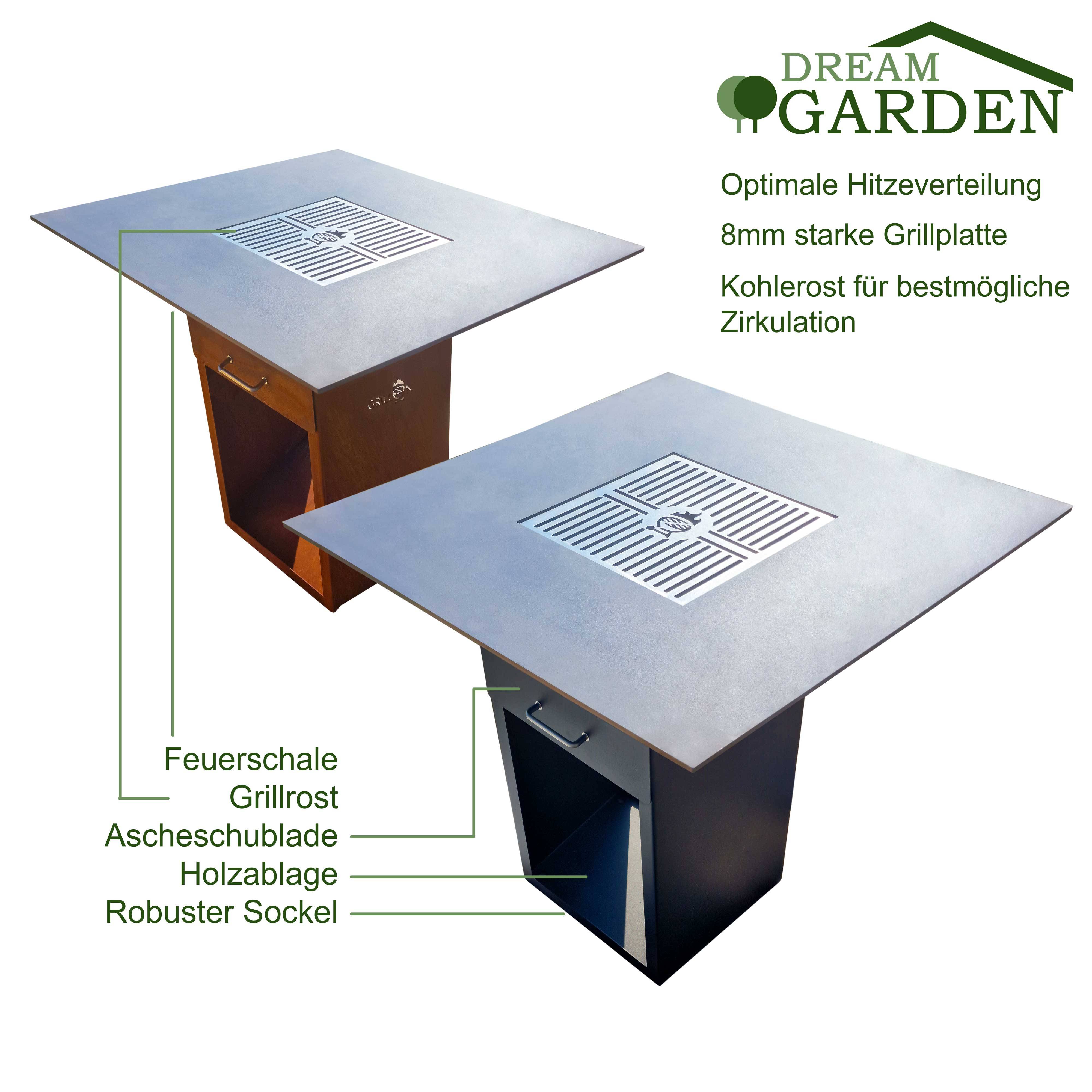 Dreamgarden Grill SQUARE Feuerplatte mit Grillrost Feuerschale Feuerkorb Grillplatte Feuerstelle Grillring schwarz Feuerplattengrill BBQ