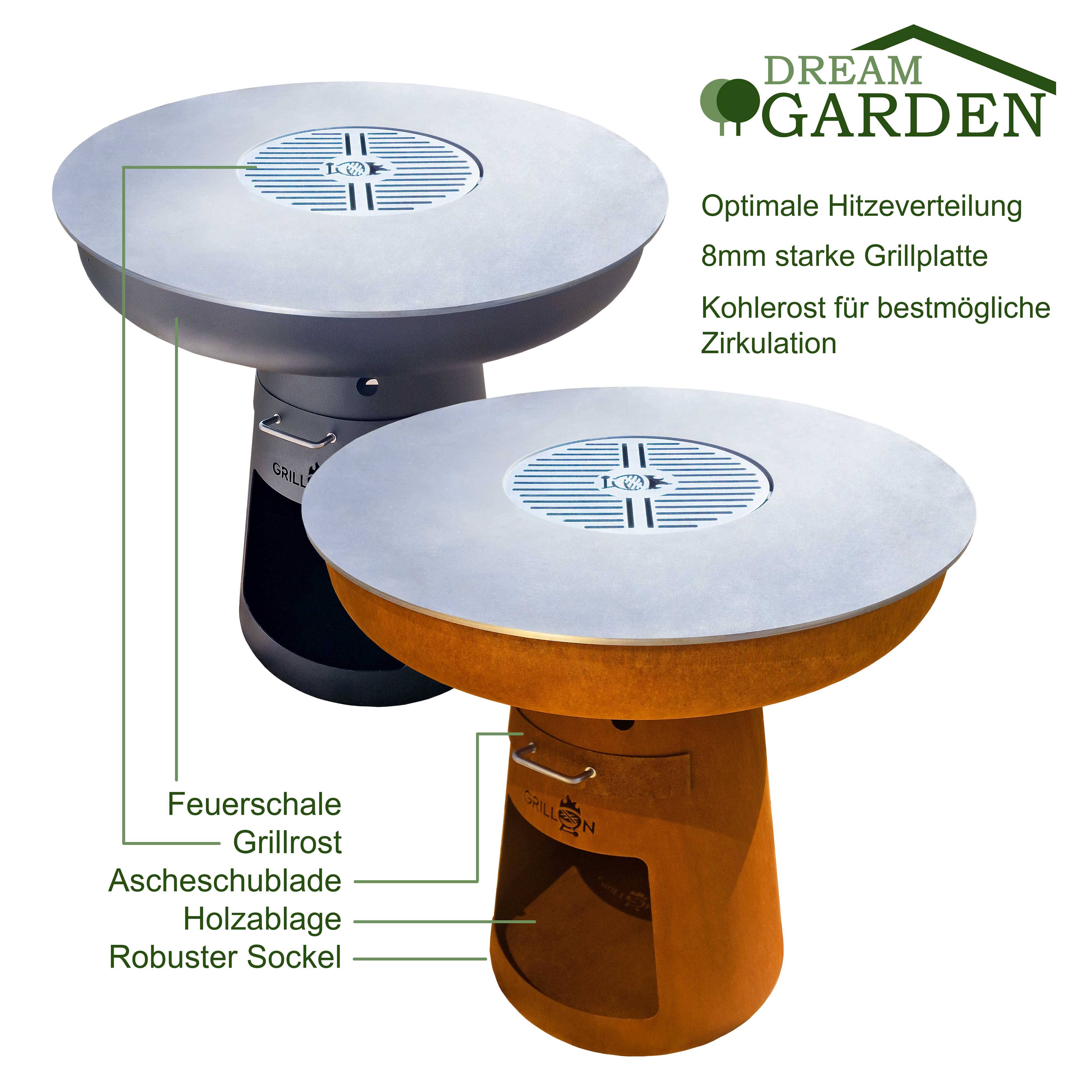 Dreamgarden Grill CIRCLE Feuerplatte mit Grillrost Feuerschale Feuerkorb Grillplatte Feuerstelle Grillring schwarz Feuerplattengrill BBQ