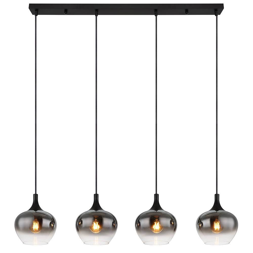 Pendellampe Hängeleuchte Esszimmer Pendelleuchte rauch Glasschirm, Metall schwarz, Fassungen 4x E27, LxBxH 100x18x120 cm