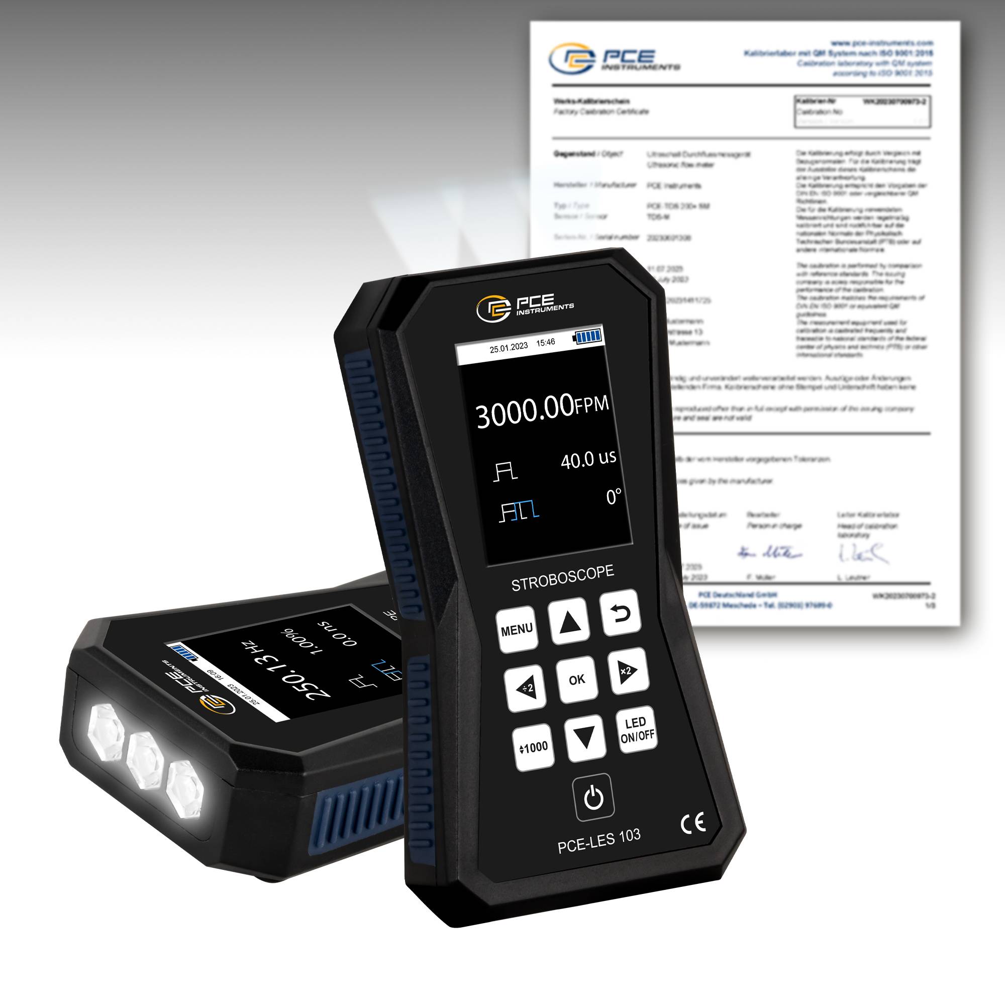 PCE Instruments Stroboskop PCE-LES 103-ICA inkl. ISO-Zertifikat |Blitzfrequenz bis 300000 FPM |Genauigkeit 0,003 % |IP52