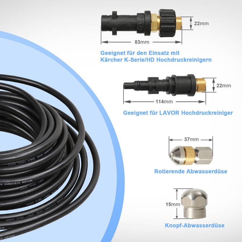 Hochdruckschlauch Rohrreinigungsschlauch, 20m, 160 bar, kompatibel mit Kärcher, K2, K3, K4, K5, K6, inkl. Adapter, Düsen starr + rotierend