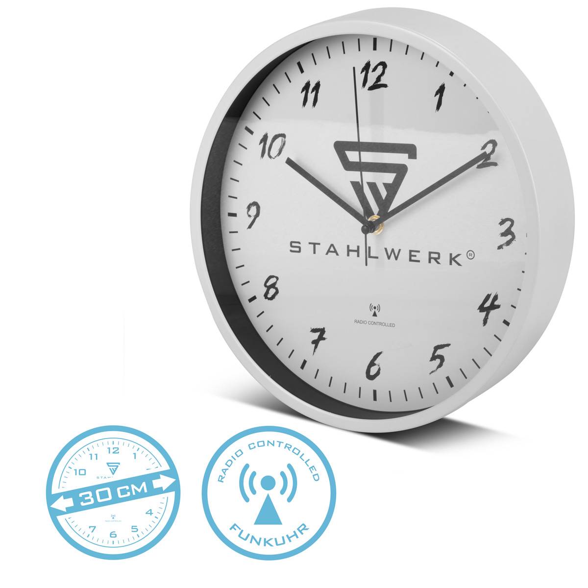 STAHLWERK Wanduhr 30 cm weiße Werkstattuhr mit Aluminium-Gehäuse RCC-Uhrwerk