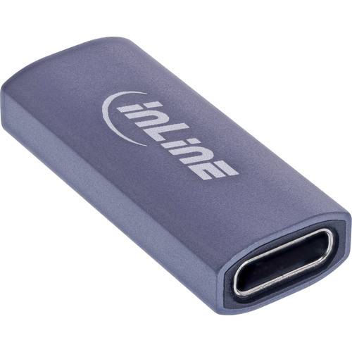 Ein kompakter, metallischer USB-C-Adapter mit der Markenaufschrift 'Inline' auf der Oberseite, der zum Anschluss von Geräten mit USB-C-Anschlüssen verwendet wird.