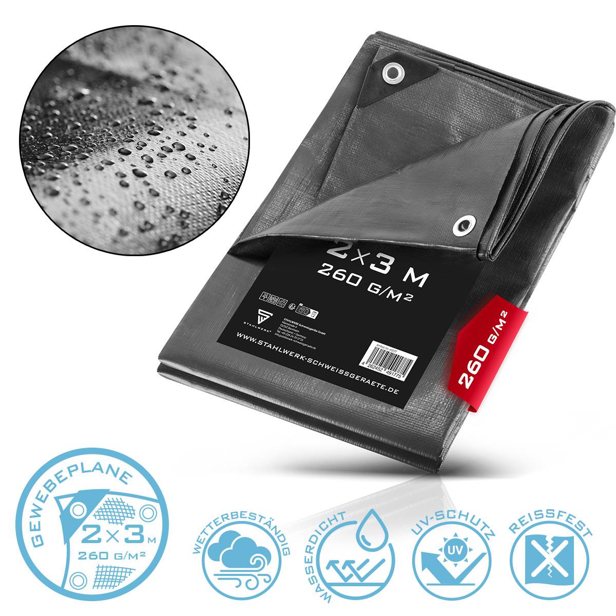STAHLWERK Abdeckplane mit Ösen 2 x 3 m 260 g/m² wasserdichte Schutzplane