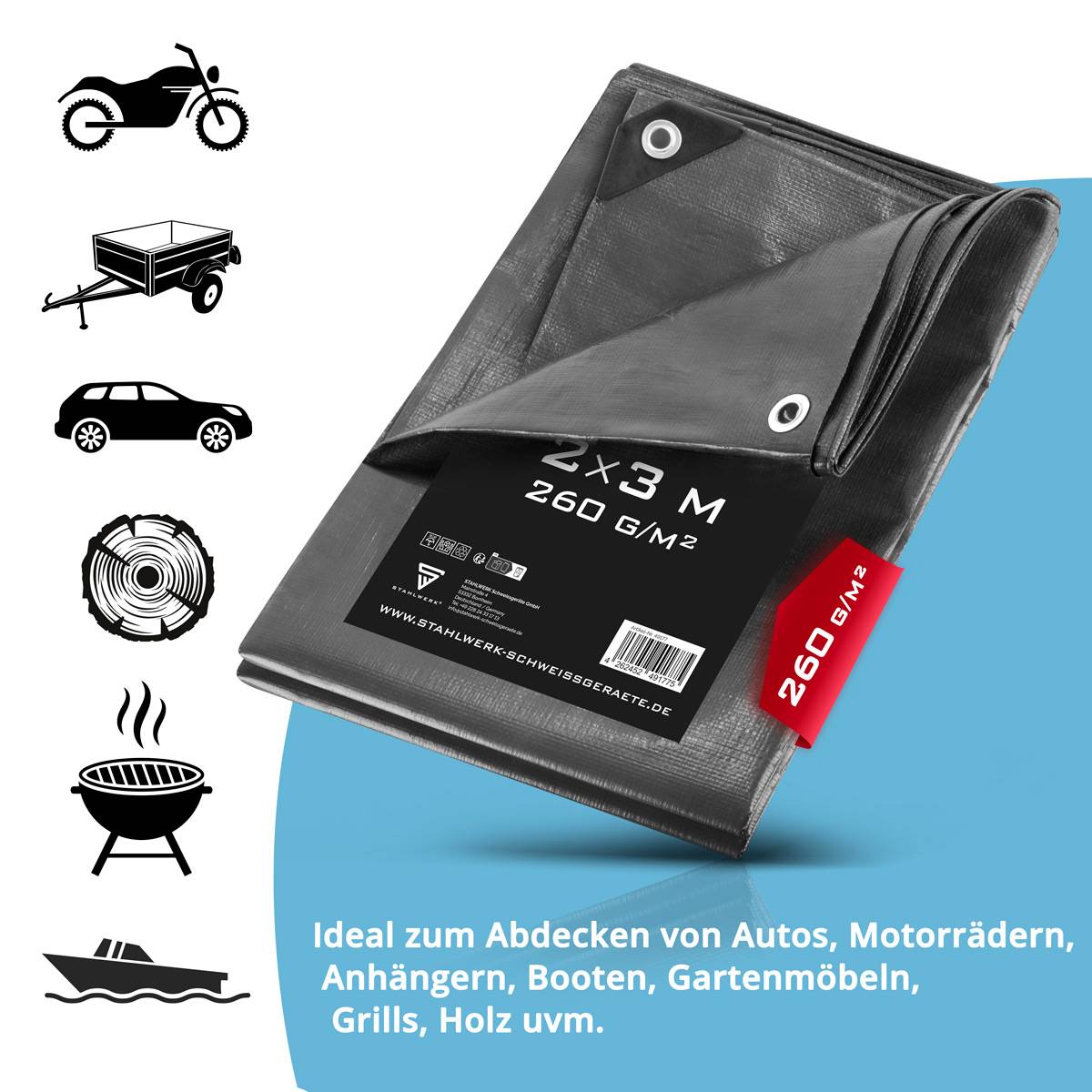 STAHLWERK Abdeckplane mit Ösen 2 x 3 m 260 g/m² wasserdichte Schutzplane