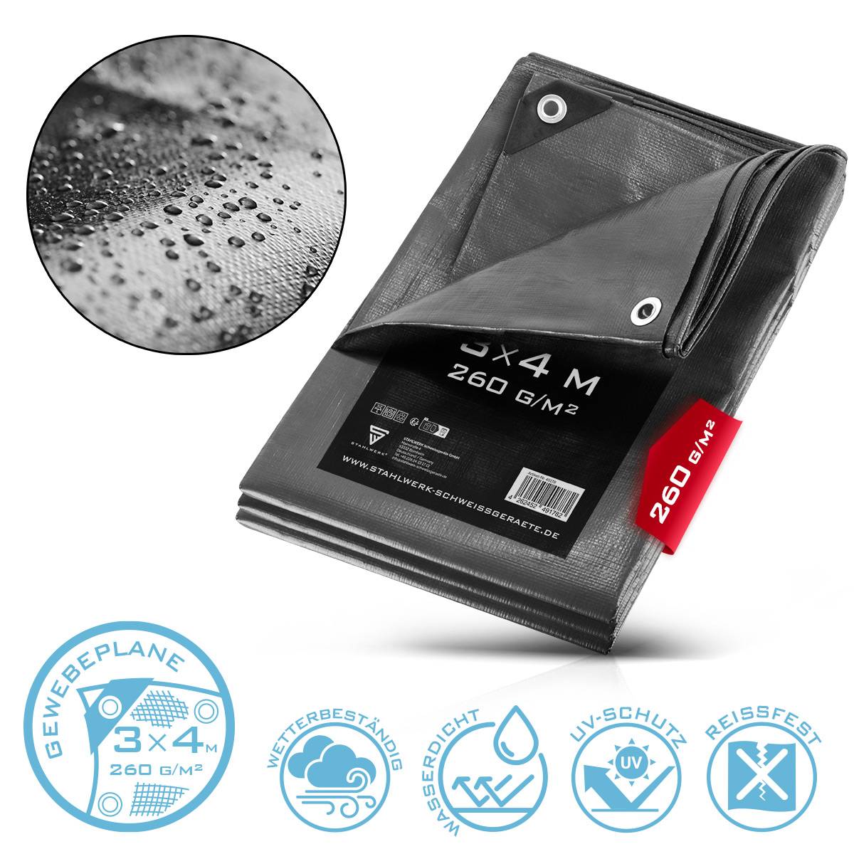 STAHLWERK Abdeckplane mit Ösen 3 x 4 m 260 g/m² wasserdichte Schutzplane