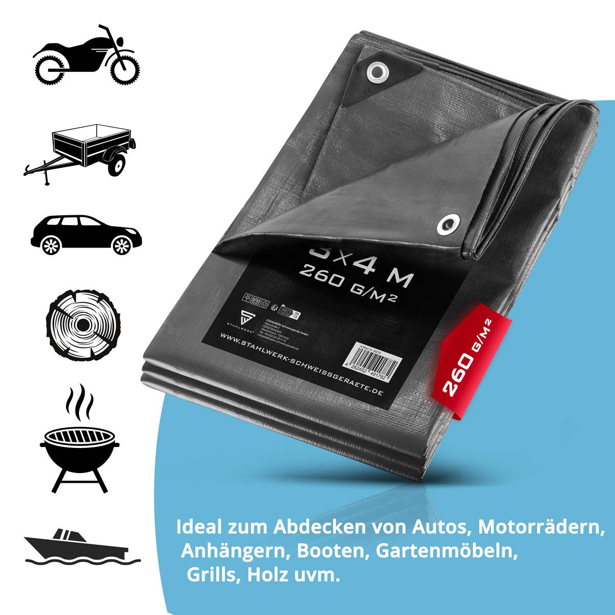 STAHLWERK Abdeckplane mit Ösen 3 x 4 m 260 g/m² wasserdichte Schutzplane