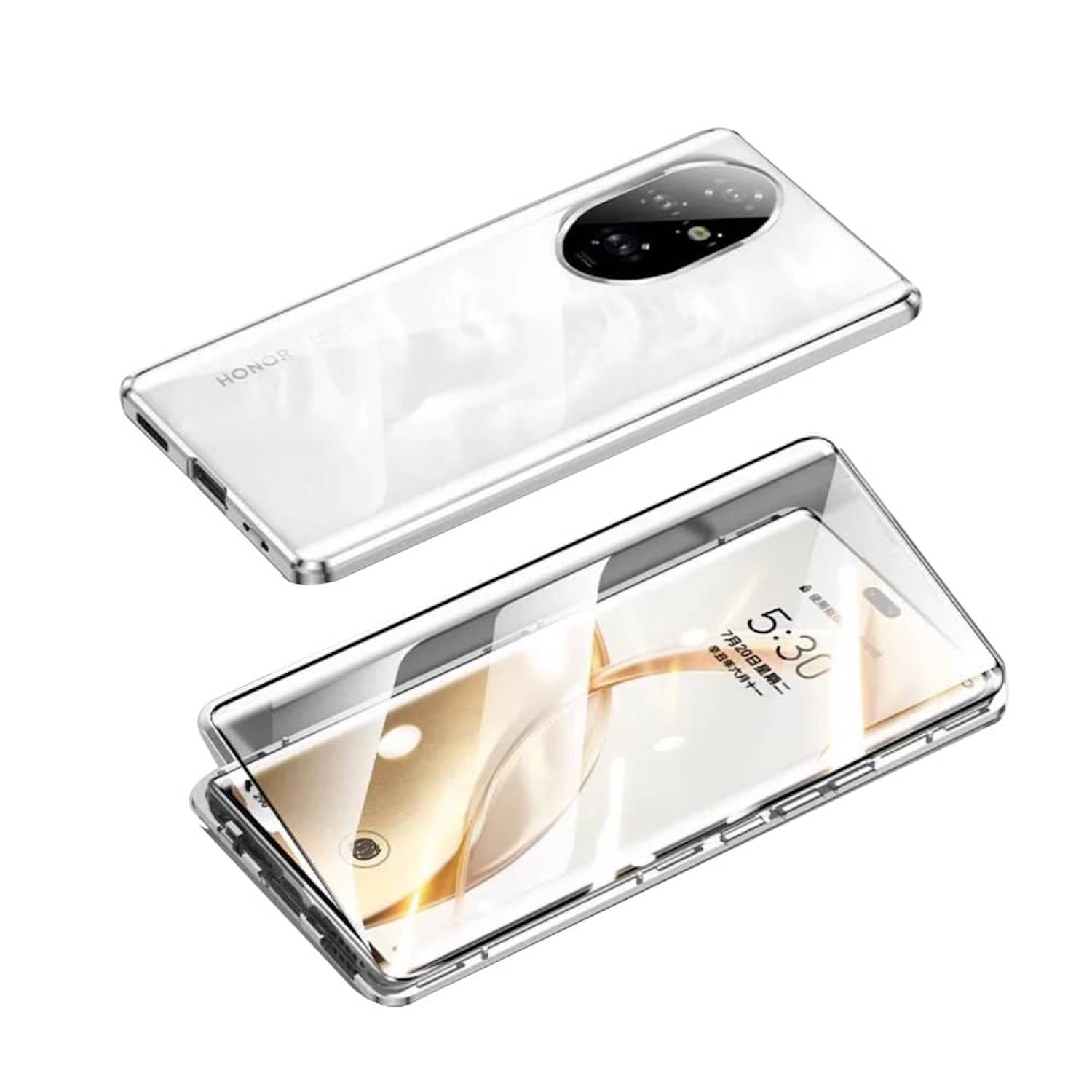 Für Honor 200 Pro Beidseitiger 360 Grad Magnet Glas Case Bumper Silber