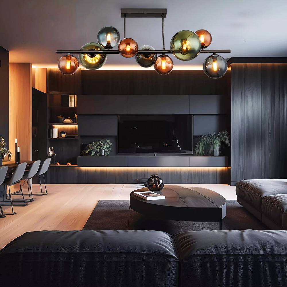 LED Deckenleuchte 9 Flammig Deckenlampe Glaskugeln Esszimmerleuchte Kugeln, bronze petrol grün, 9x 3,5W 350Lm warmweiß, LxBxH 87x30x38 cm