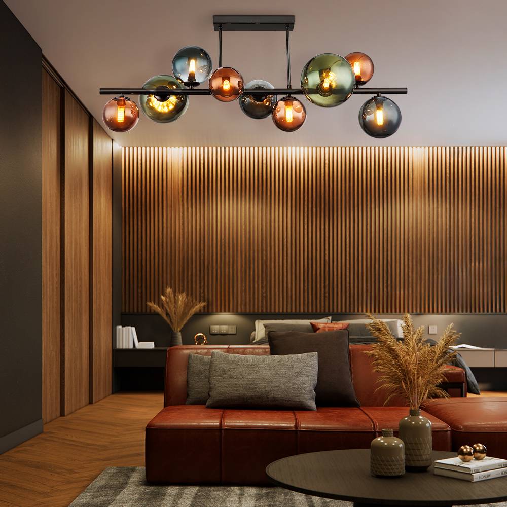 LED Deckenlampe 9 Flammig Deckenleuchte Glaskugeln Esszimmerleuchte Kugeln, bronze petrol grün, 9x 3,5W 350Lm warmweiß, LxBxH 87x30x38 cm