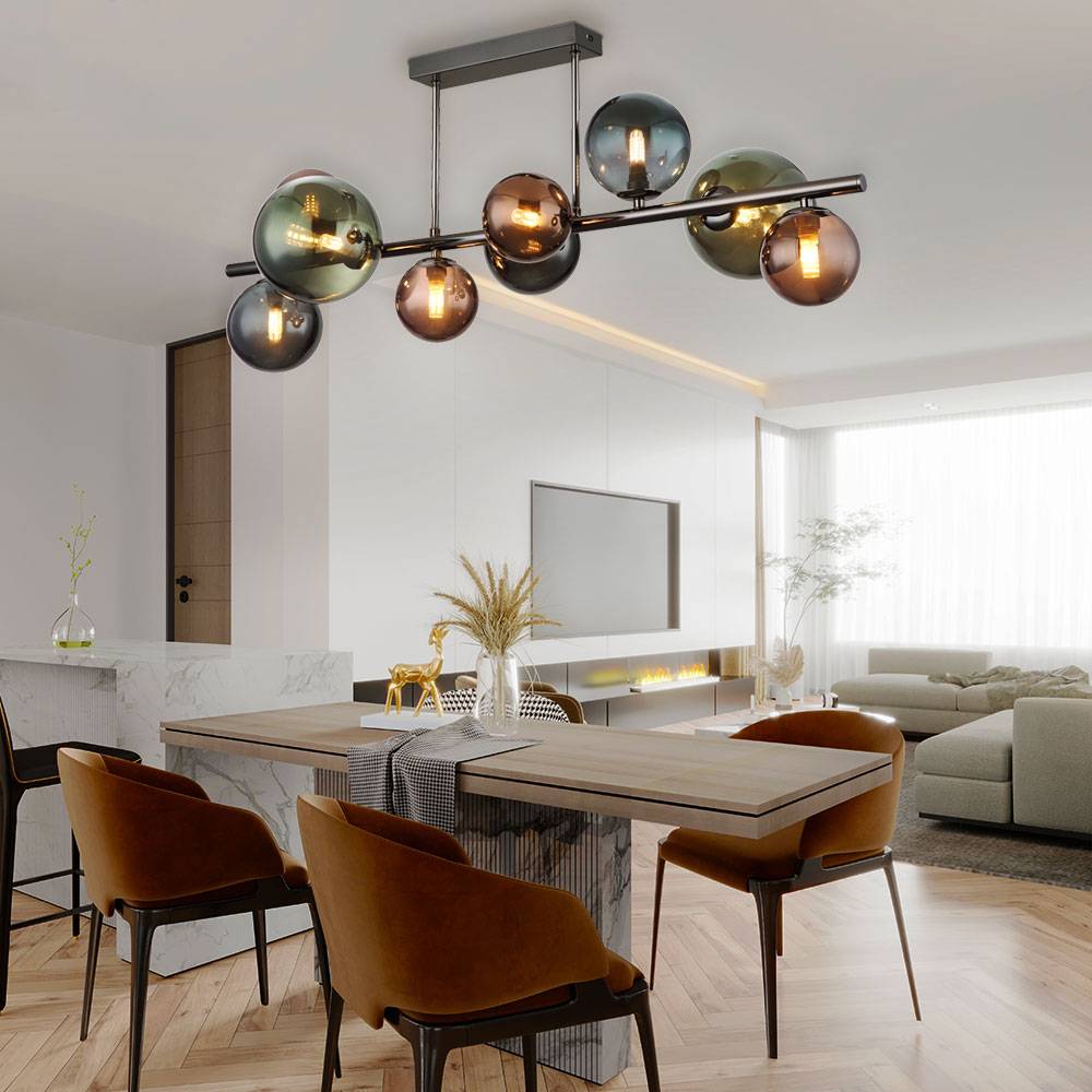 LED Deckenlampe 9 Flammig Deckenleuchte Glaskugeln Esszimmerleuchte Kugeln, bronze petrol grün, 9x 3,5W 350Lm warmweiß, LxBxH 87x30x38 cm