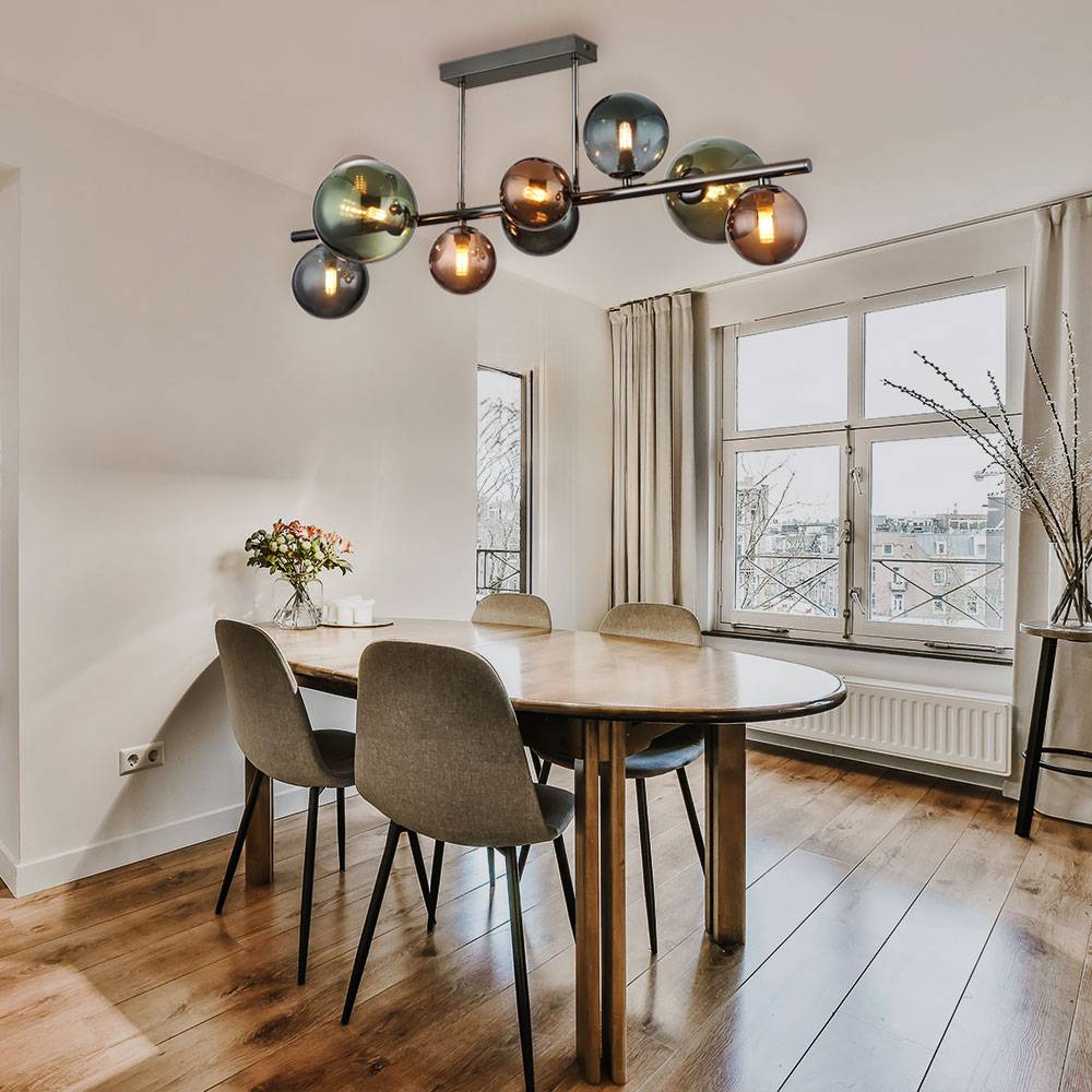 LED Deckenlampe 9 Flammig Deckenleuchte Glaskugeln Esszimmerleuchte Kugeln, bronze petrol grün, 9x 3,5W 350Lm warmweiß, LxBxH 87x30x38 cm