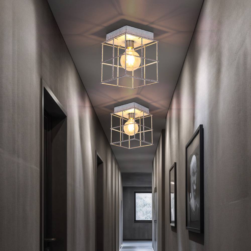 Deckenleuchte 1 flammig Deckenlampe Wohnzimmer Industriell Spotleuchte E27, Metallgitter zinkfarben, 1x E27 Fassung, LxBxH 20x20x20 cm, 2er Set
