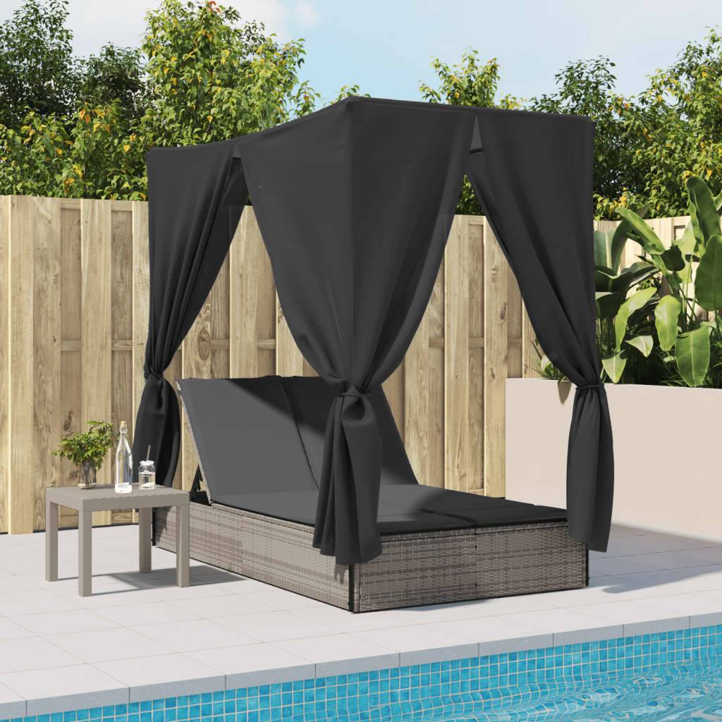 vidaXL Doppel-Sonnenliege mit Dach und Vorhängen Grau Poly Rattan