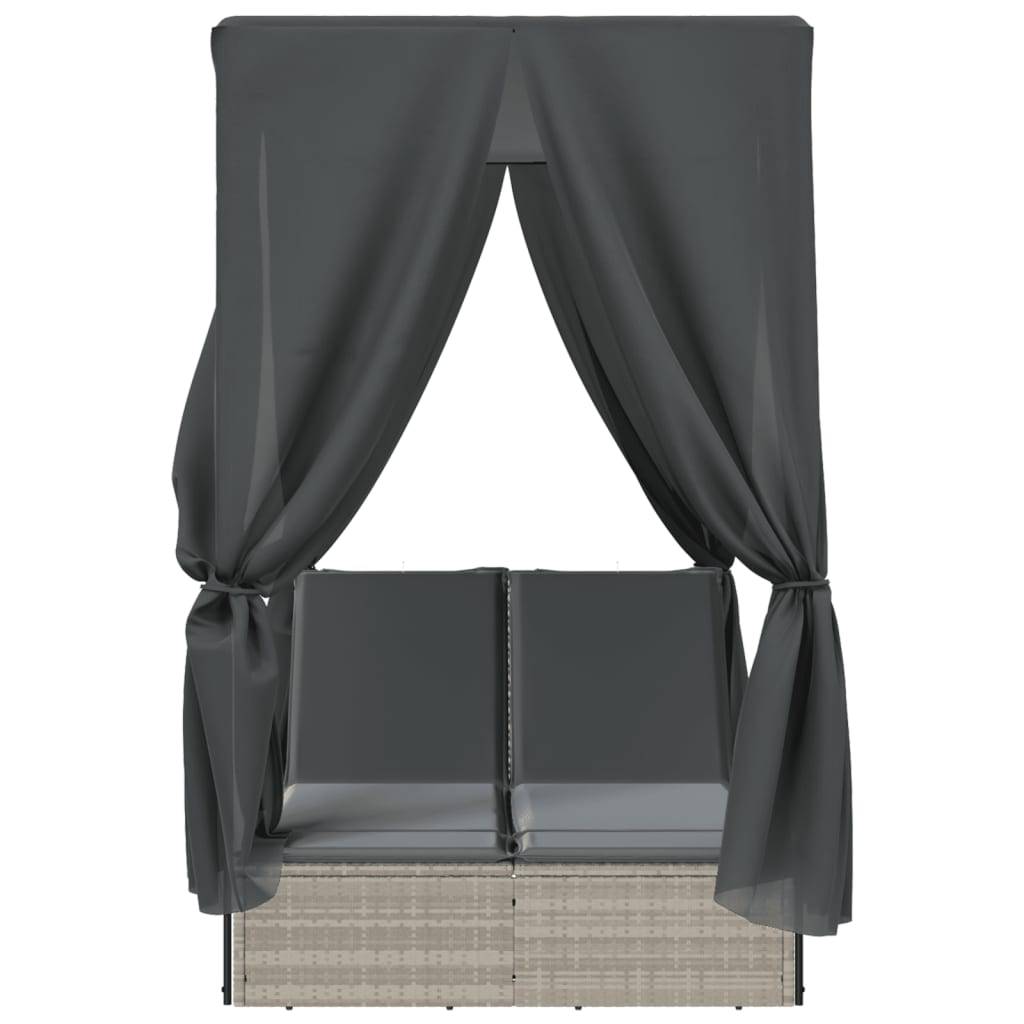 vidaXL Doppel-Sonnenliege mit Dach und Vorhängen Hellgrau Poly Rattan