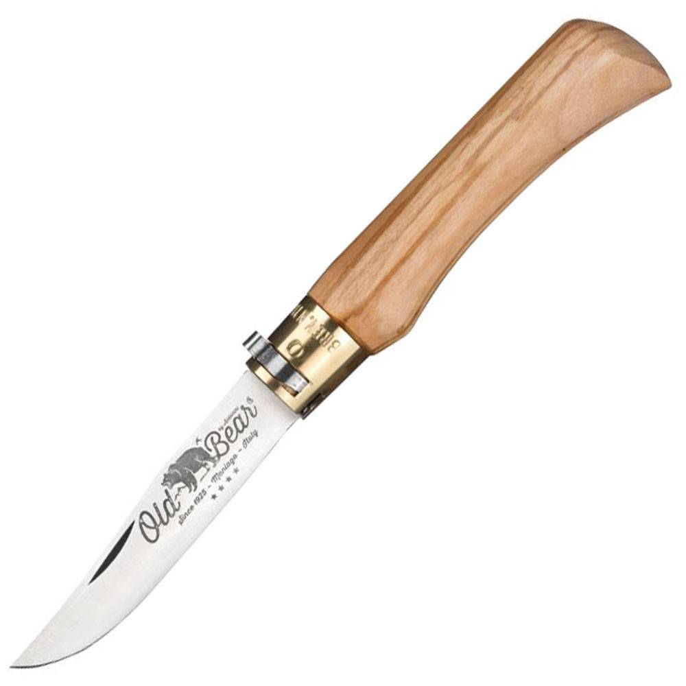 Ein Taschenmesser zum Aufklappen mit Holzgriff und silberner Klinge auf weißem Hintergrund.
