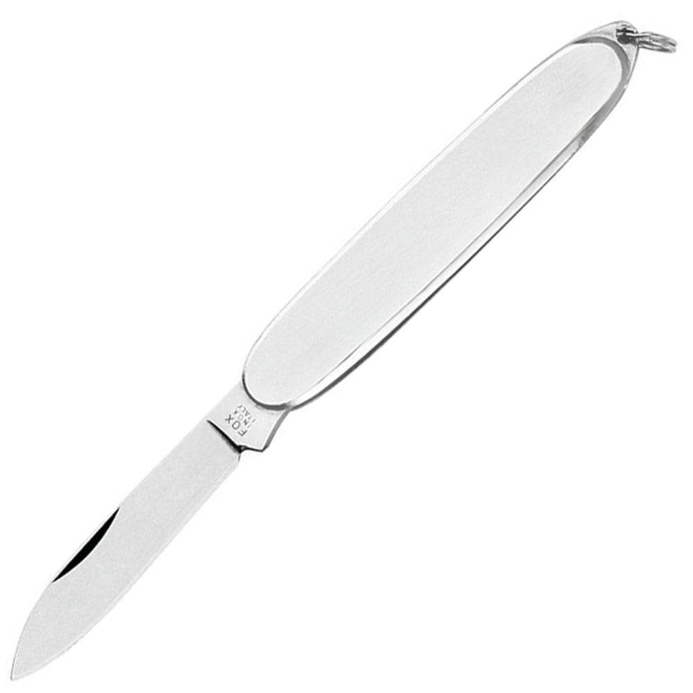 Ein silbernes Klappmesser mit langem ovalem Griff und einer einzelnen offenen Klinge auf weißem Hintergrund.