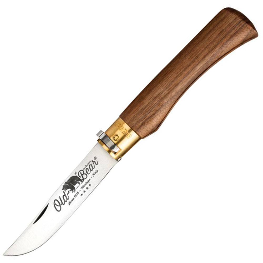 Ein Taschenmesser mit klappbarer, gebogener Silberklinge und Holzgriff auf weißem Hintergrund.