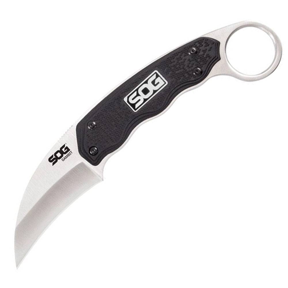 Klappmesser mit gekrümmter Klinge, schwarzem strukturiertem Griff und Fingerring, aufgeklappt auf weißem Hintergrund, Marke SOG.