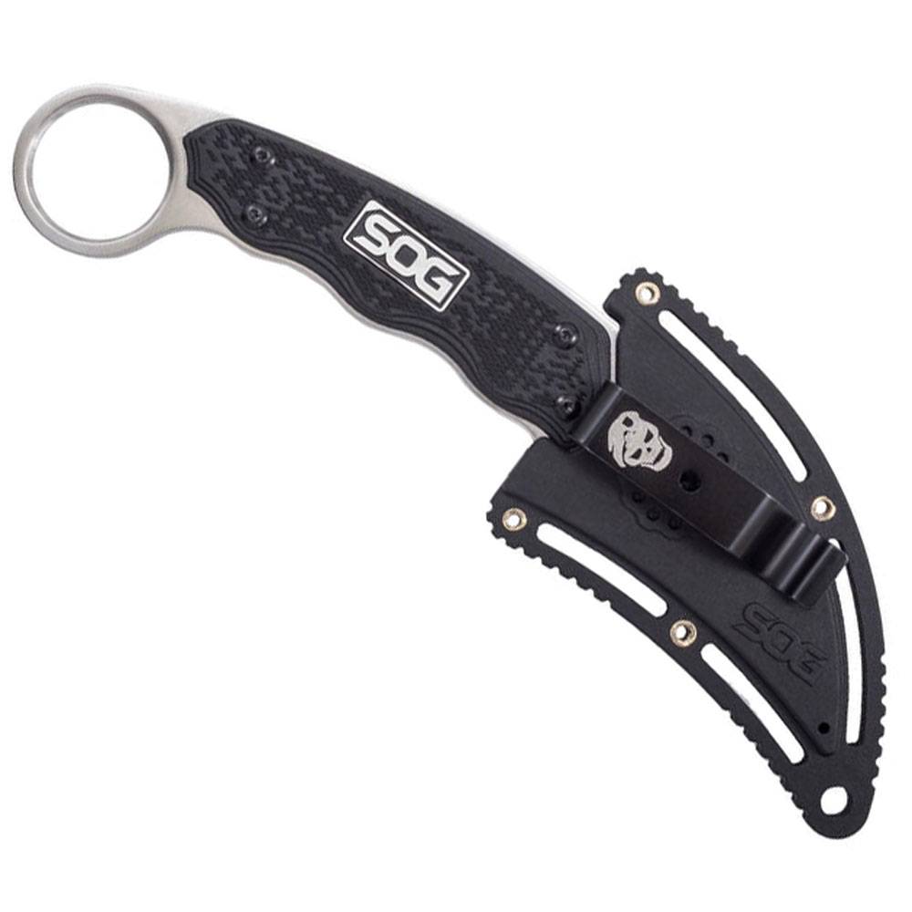 Schwarzes SOG Messer mit feststehender Klinge, Ringgriff und gebogener Scheide, auf weißem Hintergrund gezeigt.