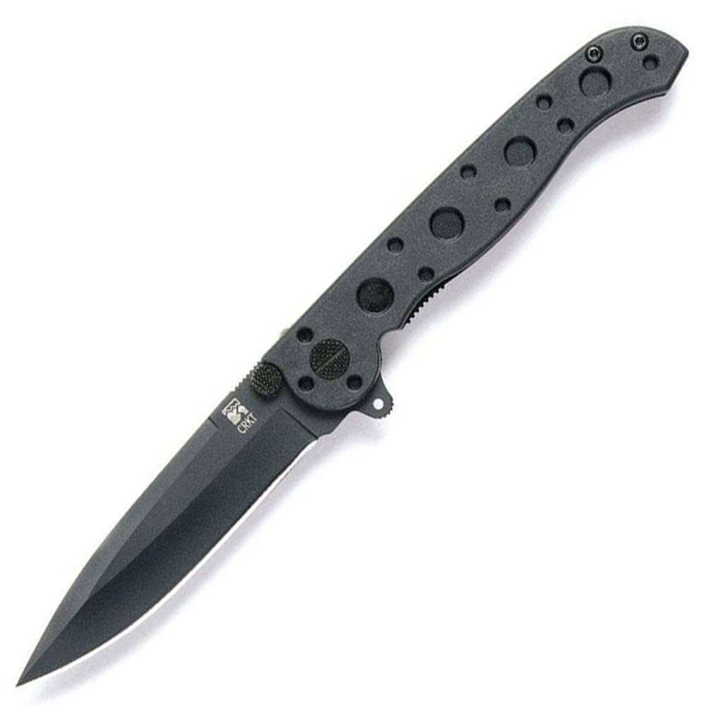 Schwarzes Klapptaschenmesser mit gezahntem Griff und spitzer Klinge, shown vor weißem Hintergrund.