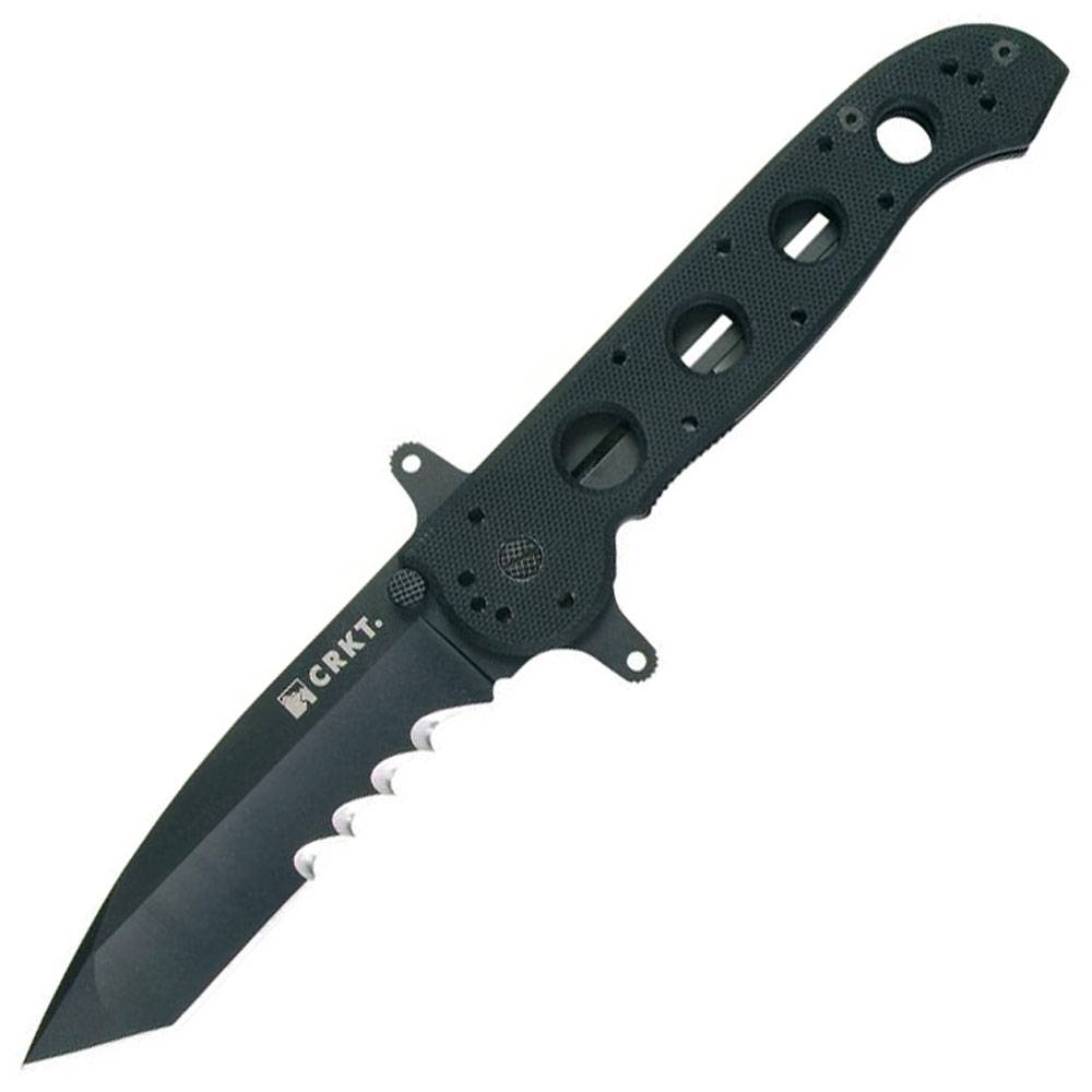 Schwarzes CRKT Feststellmesser mit Sägekante und strukturiertem Griff, gezeigt auf einem einfachen weißen Hintergrund.