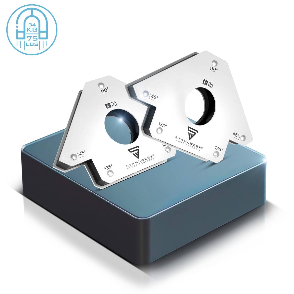 STAHLWERK Magnet-Schweißwinkel 45° x 90° x 135°, 34 kg / 75 lbs 2er Set