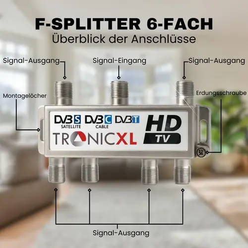 6-fach Antennenverteiler Splitter für Kabelfernsehen / DVB-T2 / Sat Verteiler 6-fach Antennenverteiler Splitter für Kabelfernsehen / DVB-T2 / Sat Verteiler