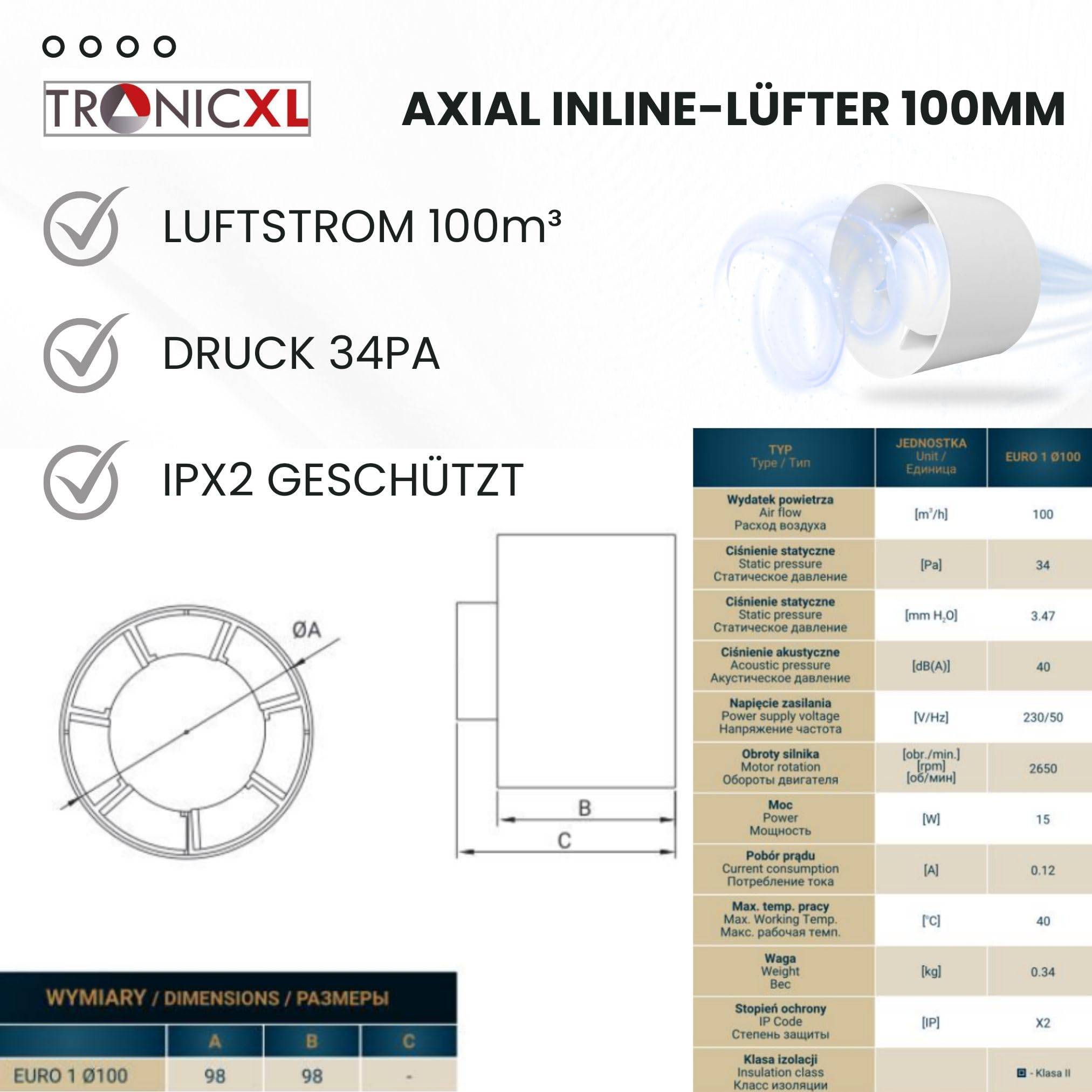 100mm Einbau Badlüfter Inline Abluft Zuluft Lüfter Ventilator Radial Kanal Abluftventilator Rohrlüfter WC Keller Garage