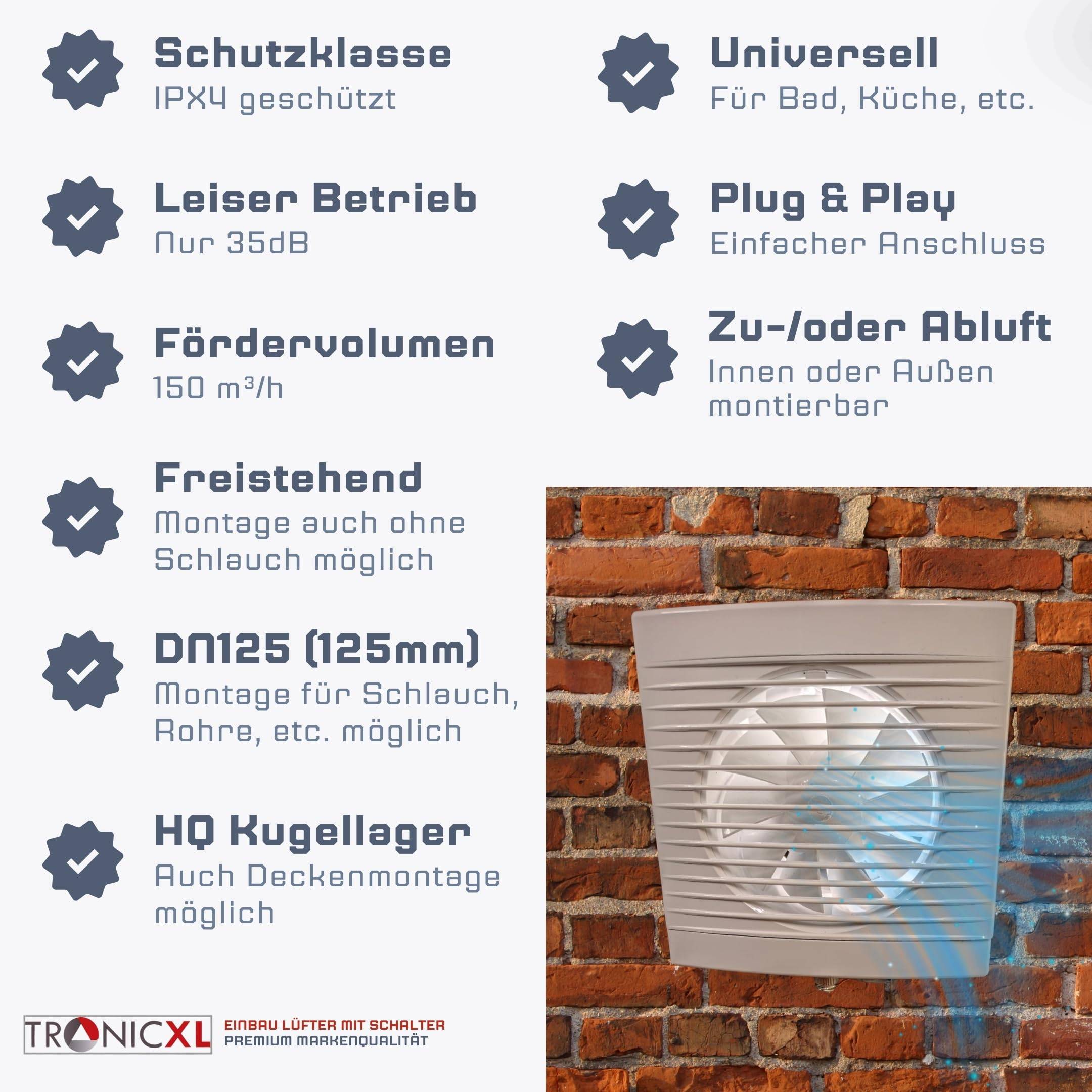 230V Badlüfter mit Kabel Schalter und Stecker IPX4 125mm Lüfter Ventilator mit Netzstecker Einbau Rohrventilator Wand WC