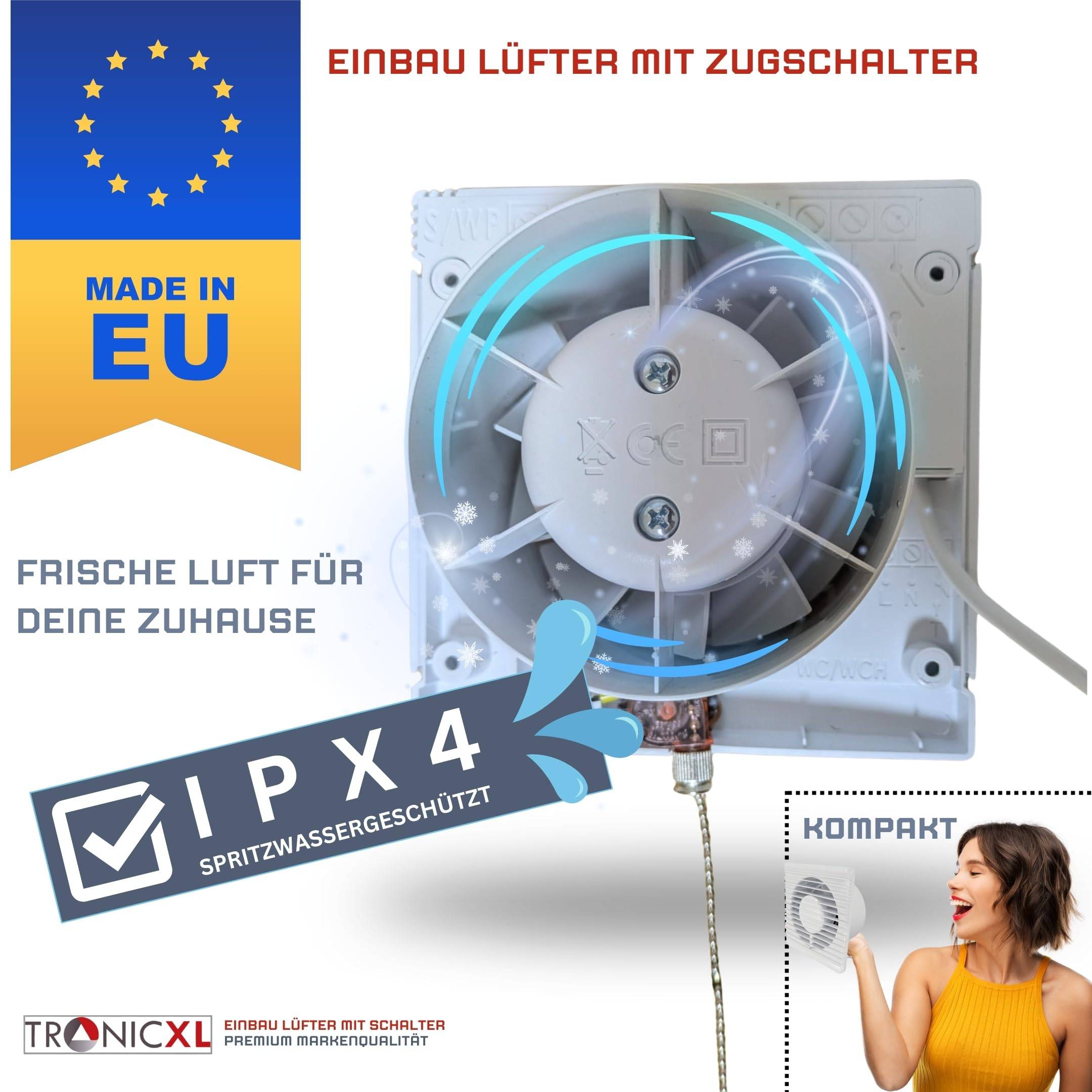 230V Badlüfter mit Kabel Schalter und Stecker IPX4 125mm Lüfter Ventilator mit Netzstecker Einbau Rohrventilator Wand WC